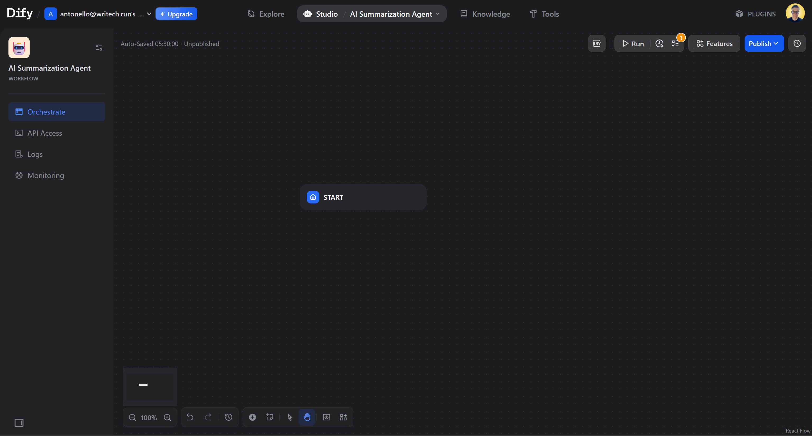 The canvas to create your no-code AI agent logic