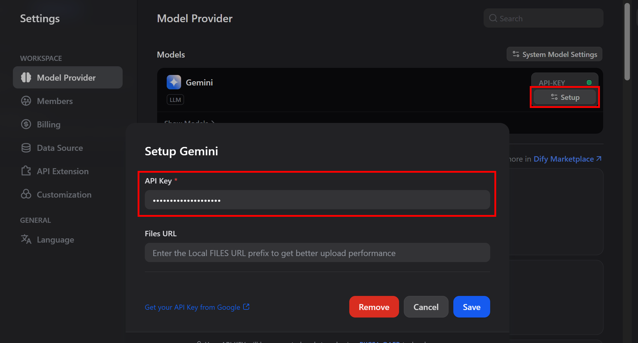 Pasting the Gemini API key