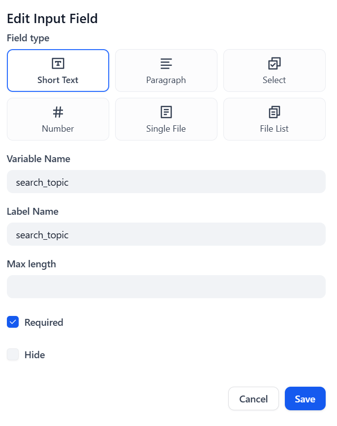 Configuring the search_topic input variable