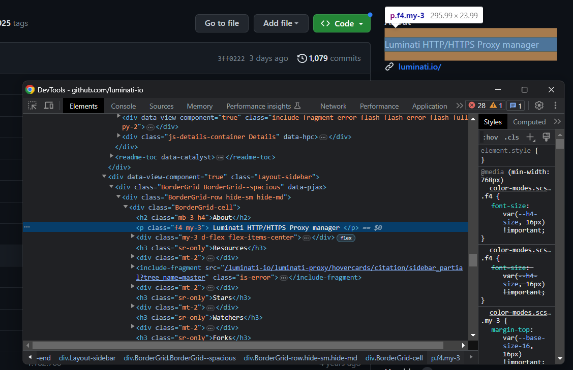 Selecting and Inspecting the Description Element on GitHub