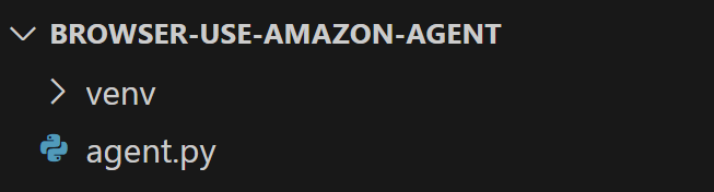 A file directory structure displaying 'BROWSER-USE-AMAZON-AGENT' as the main folder, which contains a virtual environment folder named 'venv' and a Python script file named 'agent.py.'