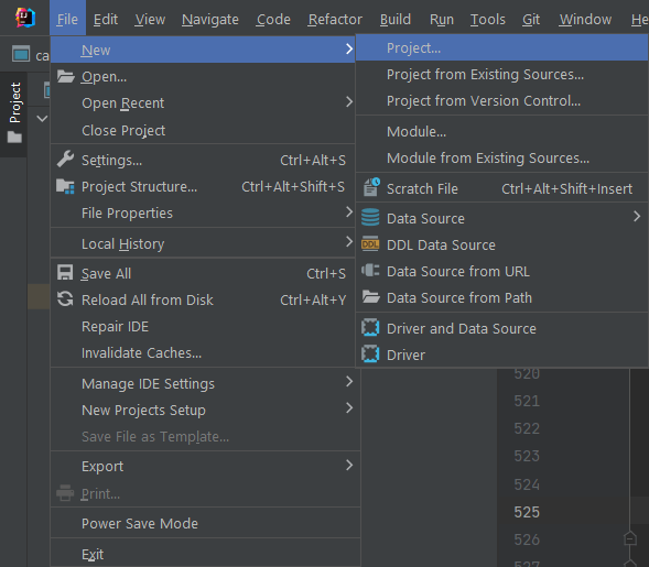 New project option in IntelliJ IDEA