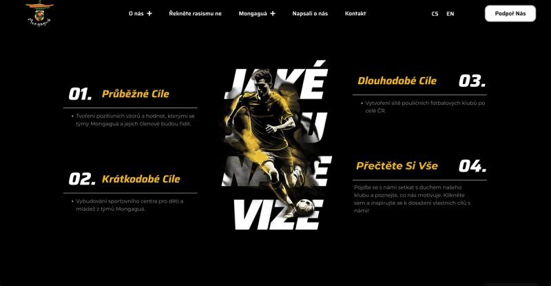 Sekce cílů na webu komunitního projektu Mongaguá v černožlutém vizuálním stylu