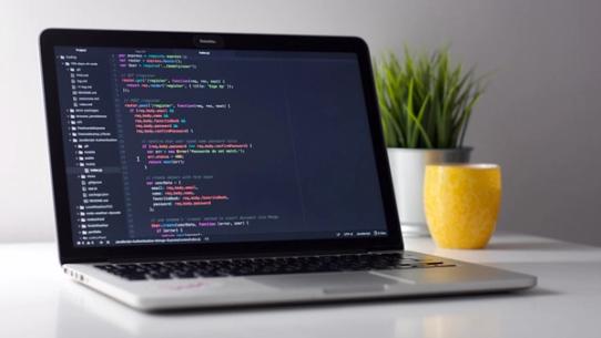 A developer working on code at a desk with two monitors.