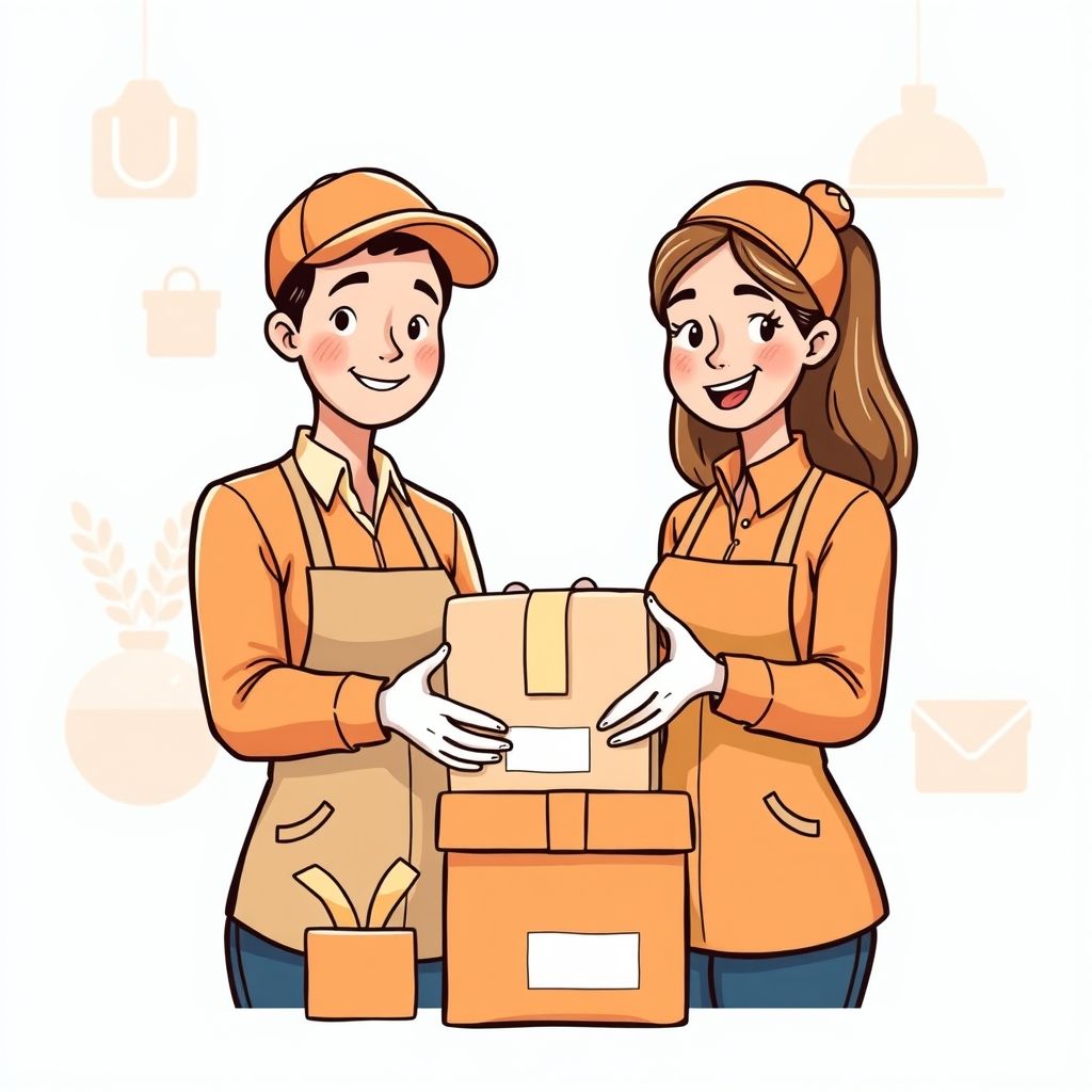 Cartoon illustration of people working together in a business setting