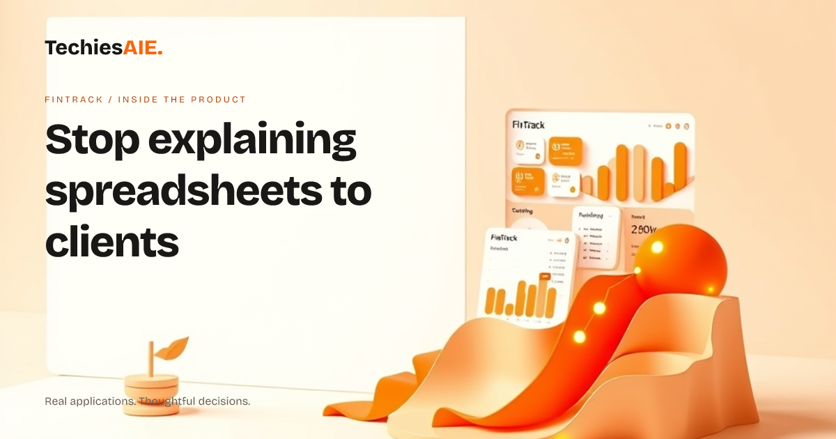 TechiesAIE Inside FinTrack: How financial advisors stop losing clients in messy spreadsheets. Concept illustration for FinTrack.