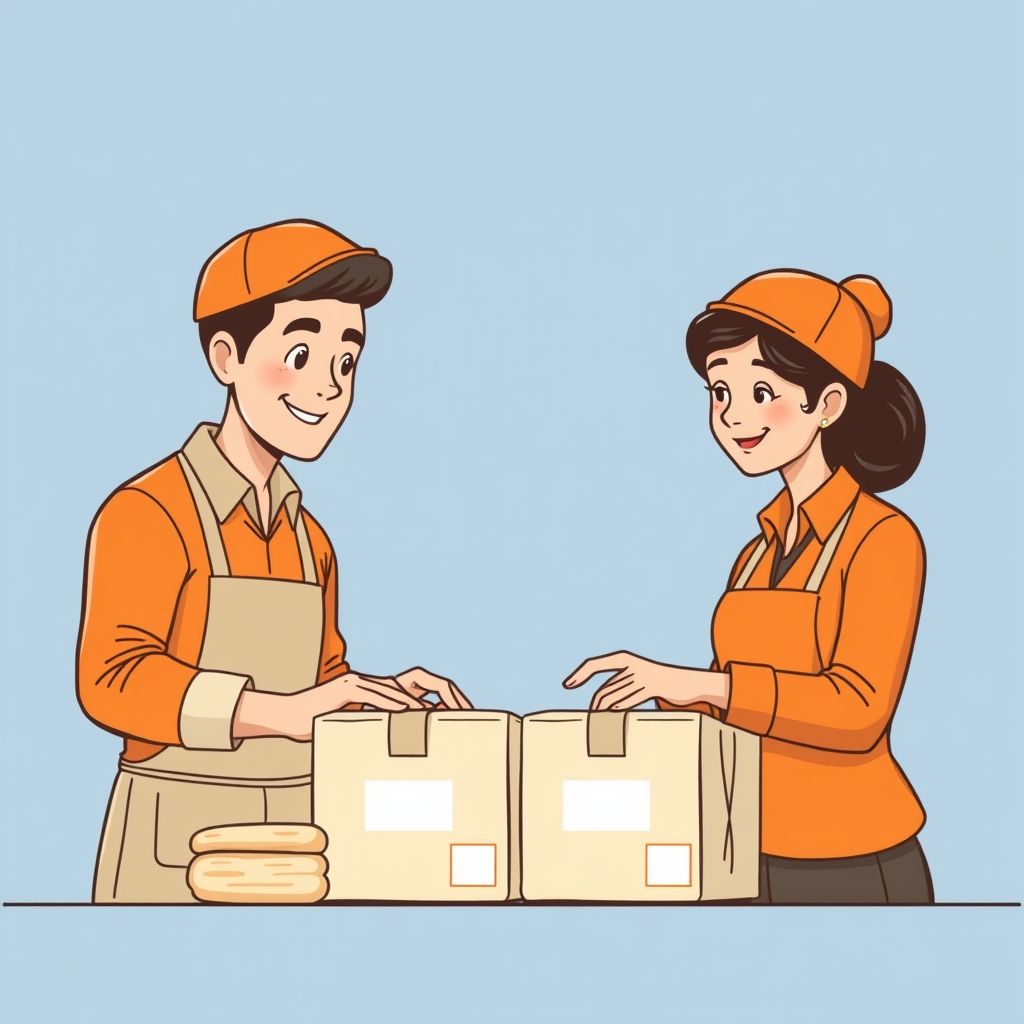 Cartoon illustration of people working together in a business setting