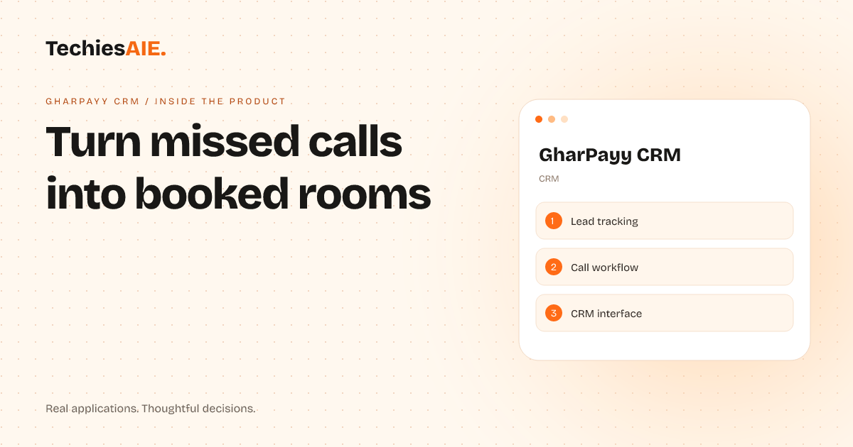 TechiesAIE Inside GharPayy CRM: How room-finders turn missed calls into booked rooms. Concept illustration for GharPayy CRM.