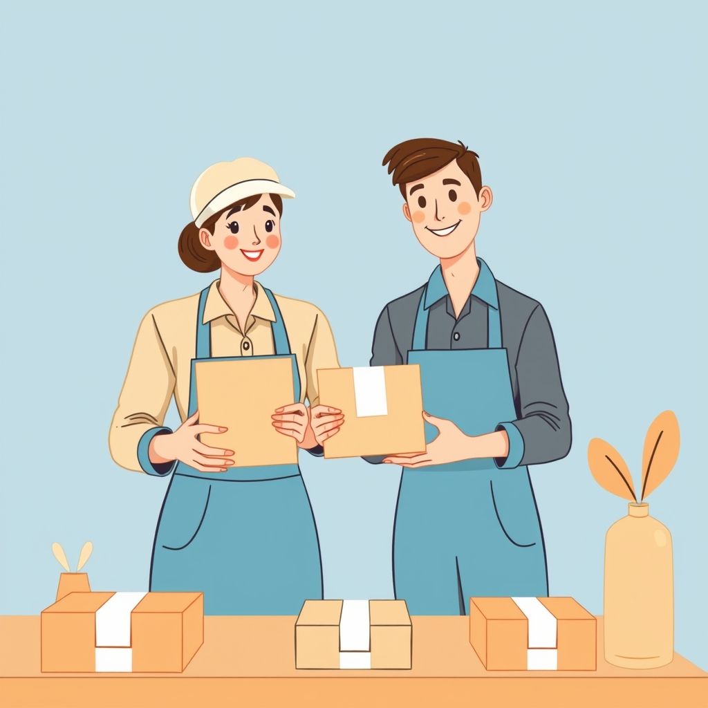 Cartoon illustration of people working together in a business setting