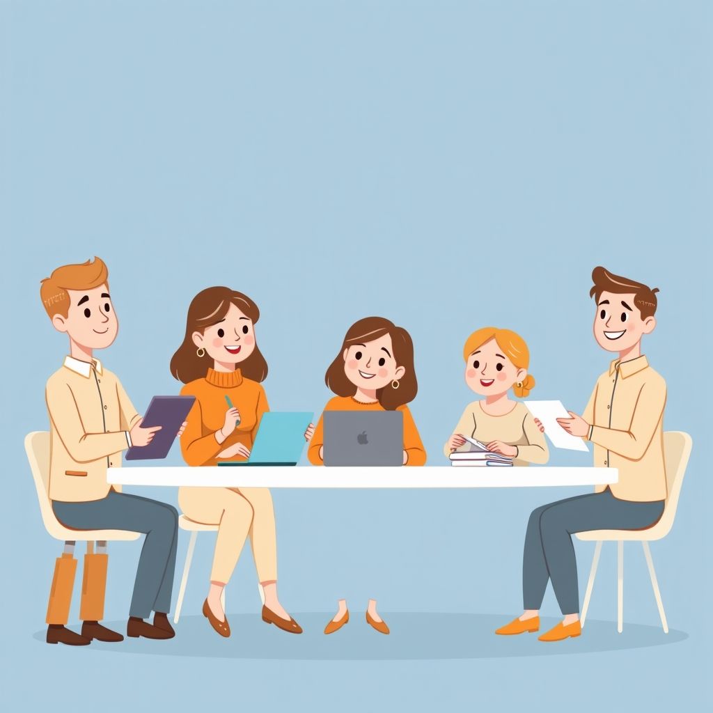 Cartoon illustration of people working together in a business setting