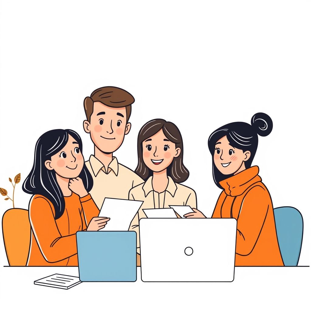 Cartoon illustration of people working together in a business setting