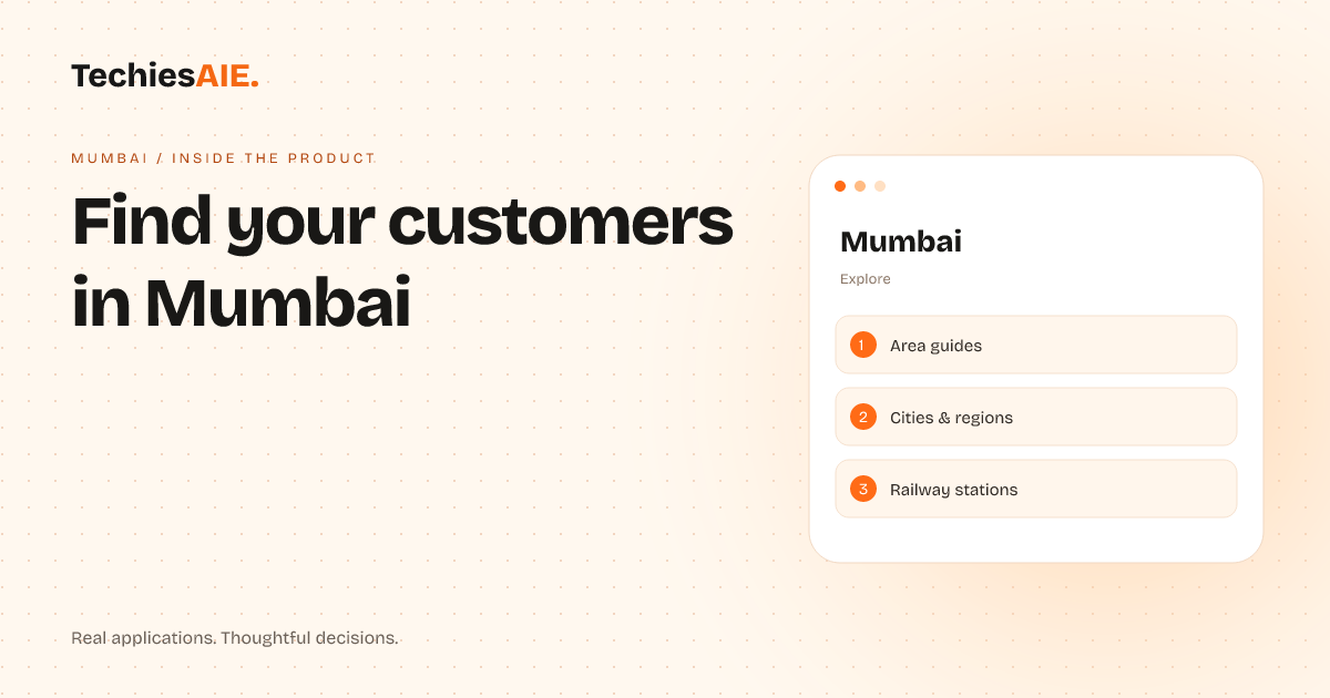 TechiesAIE built Mumbai to help local businesses answer ‘Where are you?’ and ‘What do you do?’ without custom coding. Concept illustration for Mumbai.