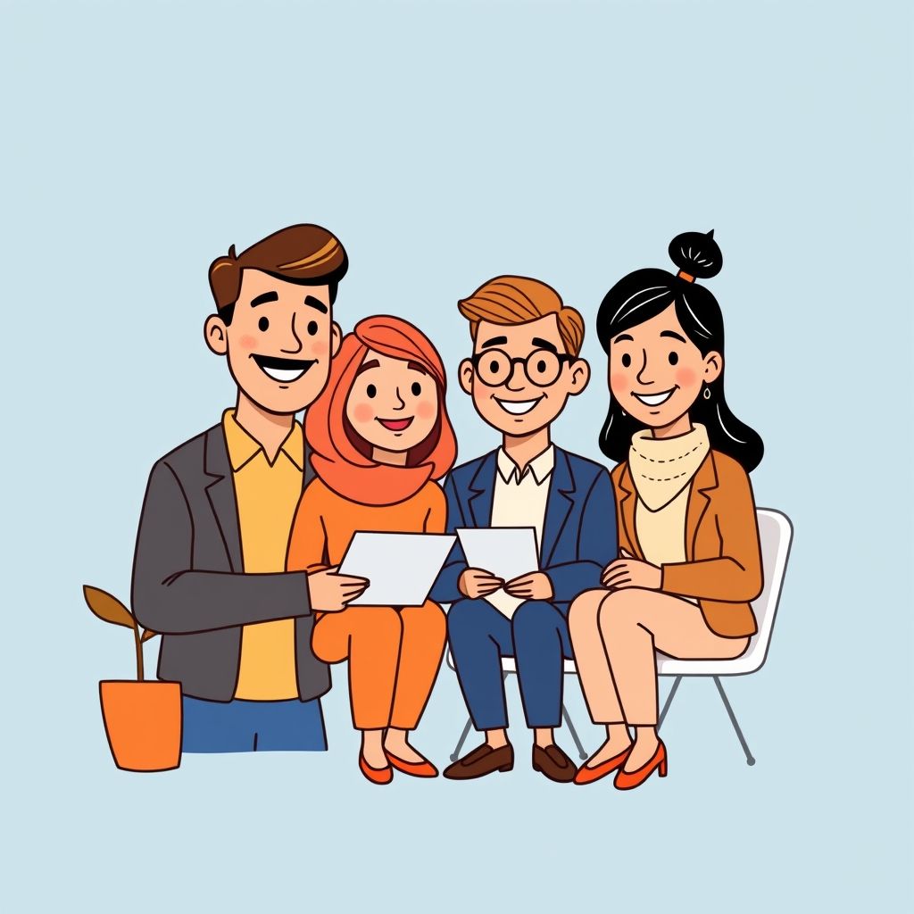 Cartoon illustration of people working together in a business setting