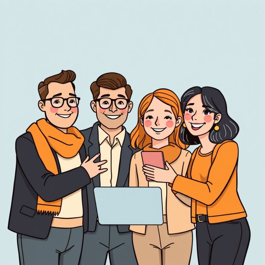 Cartoon illustration of people working together in a business setting