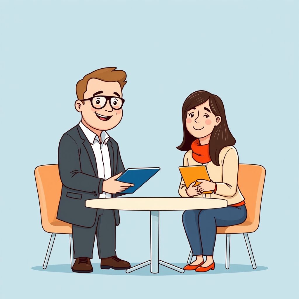 Cartoon illustration of people working together in a business setting