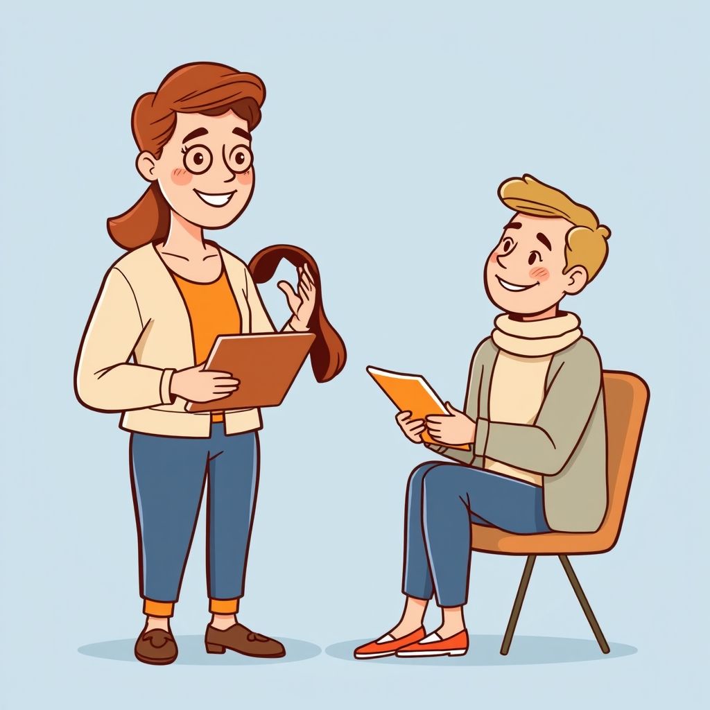 Cartoon illustration of people working together in a business setting