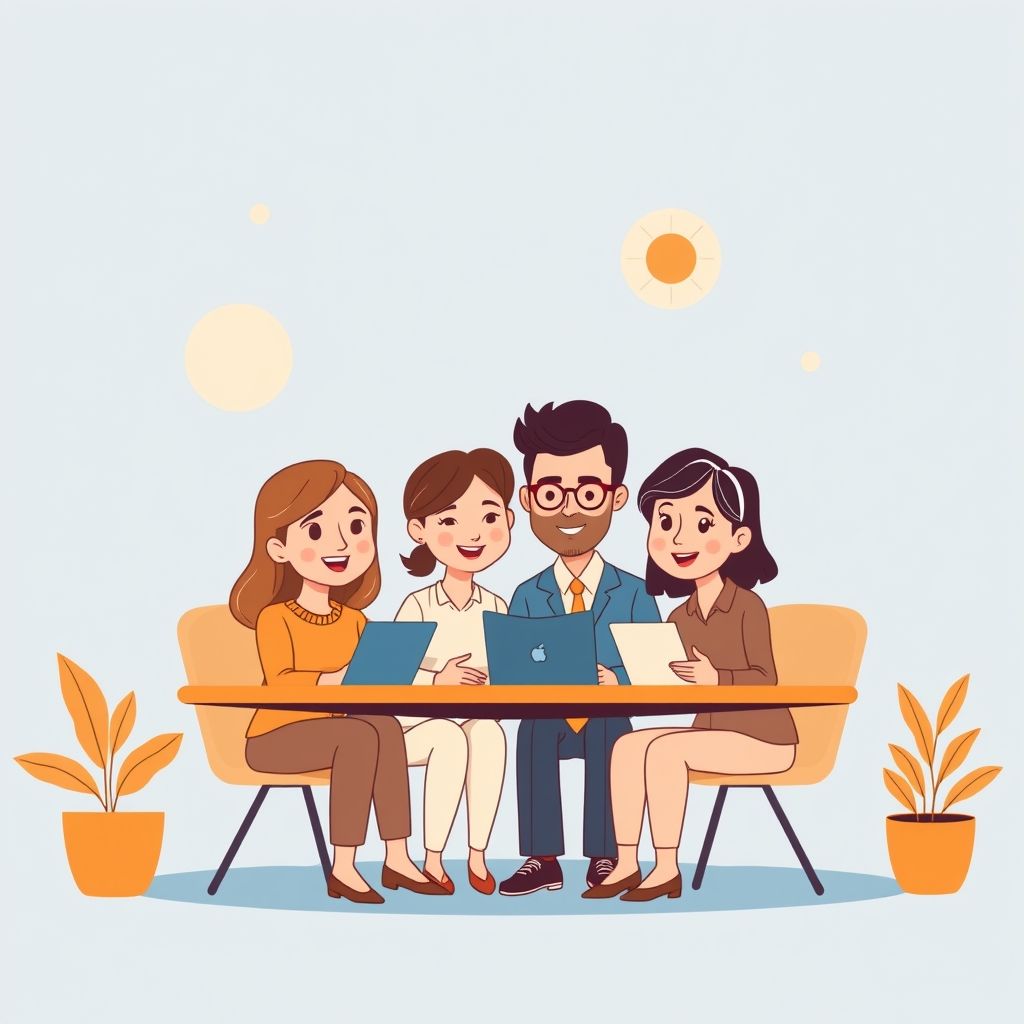 Cartoon illustration of people working together in a business setting