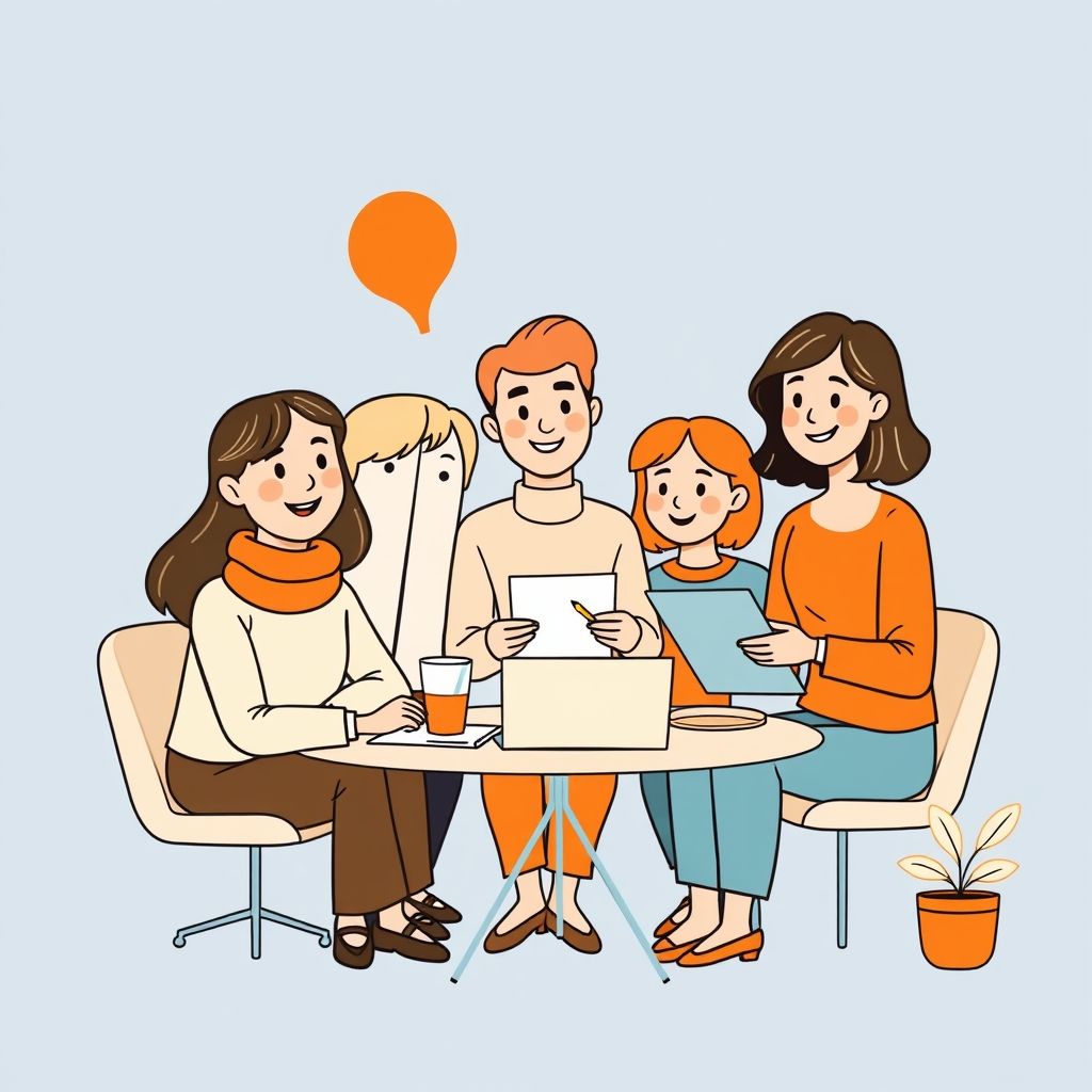Cartoon illustration of people working together in a business setting