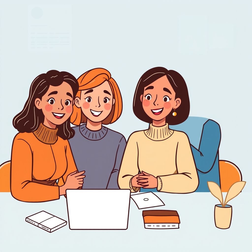 Cartoon illustration of people working together in a business setting