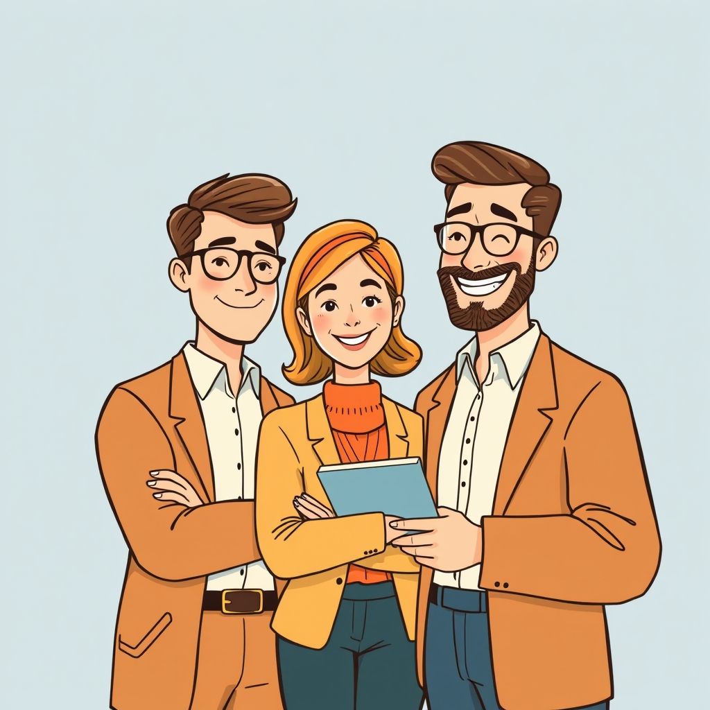 Cartoon illustration of people working together in a business setting