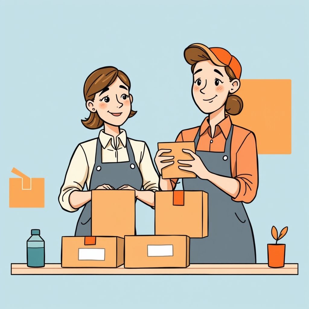 Cartoon illustration of people working together in a business setting