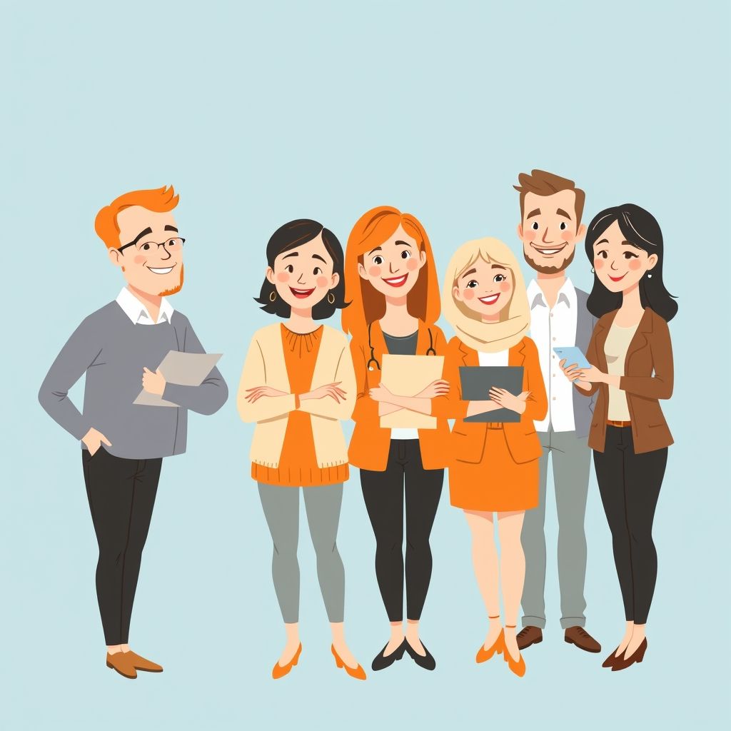 Cartoon illustration of people working together in a business setting