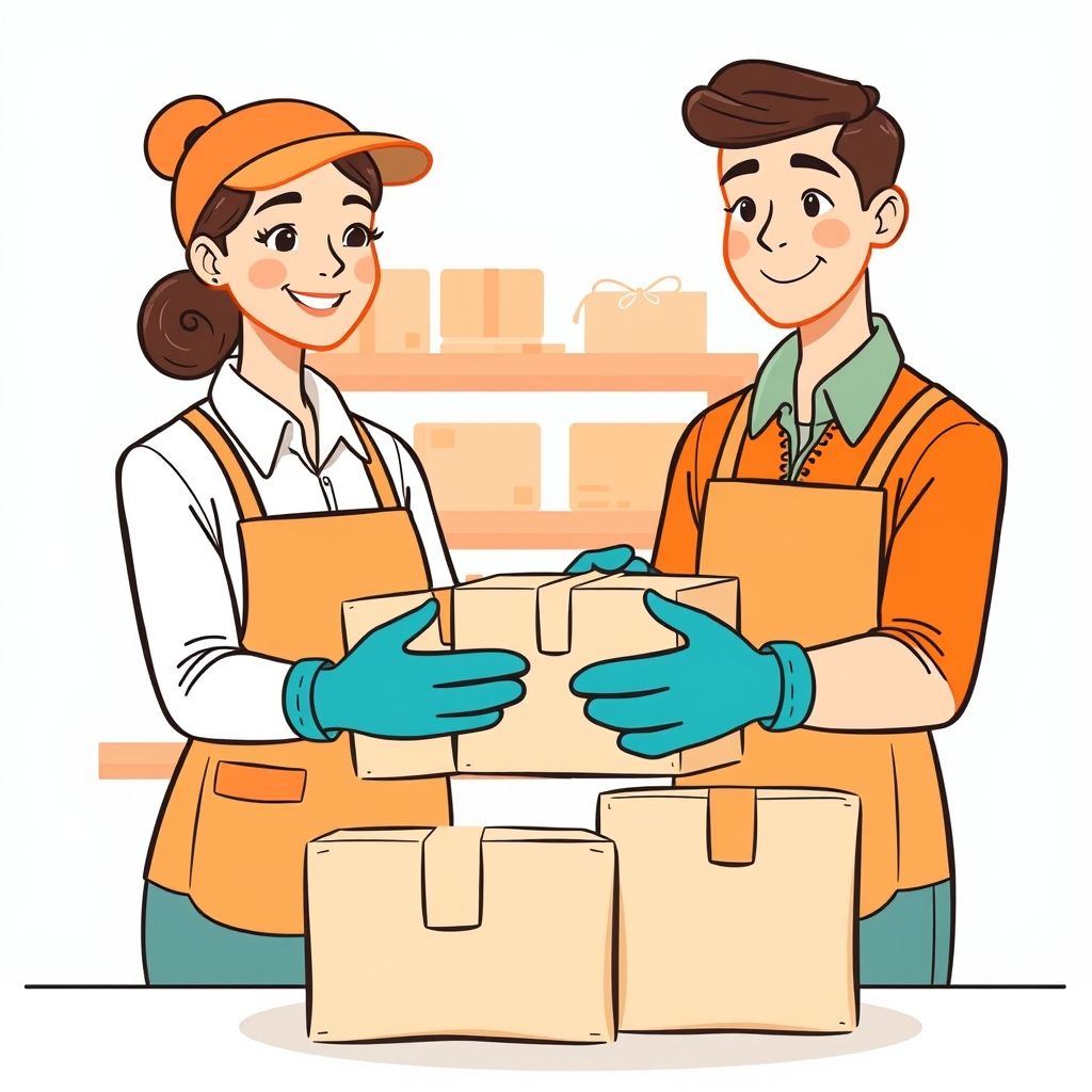 Cartoon illustration of people working together in a business setting