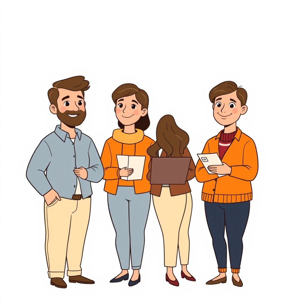 Cartoon illustration of people working together in a business setting