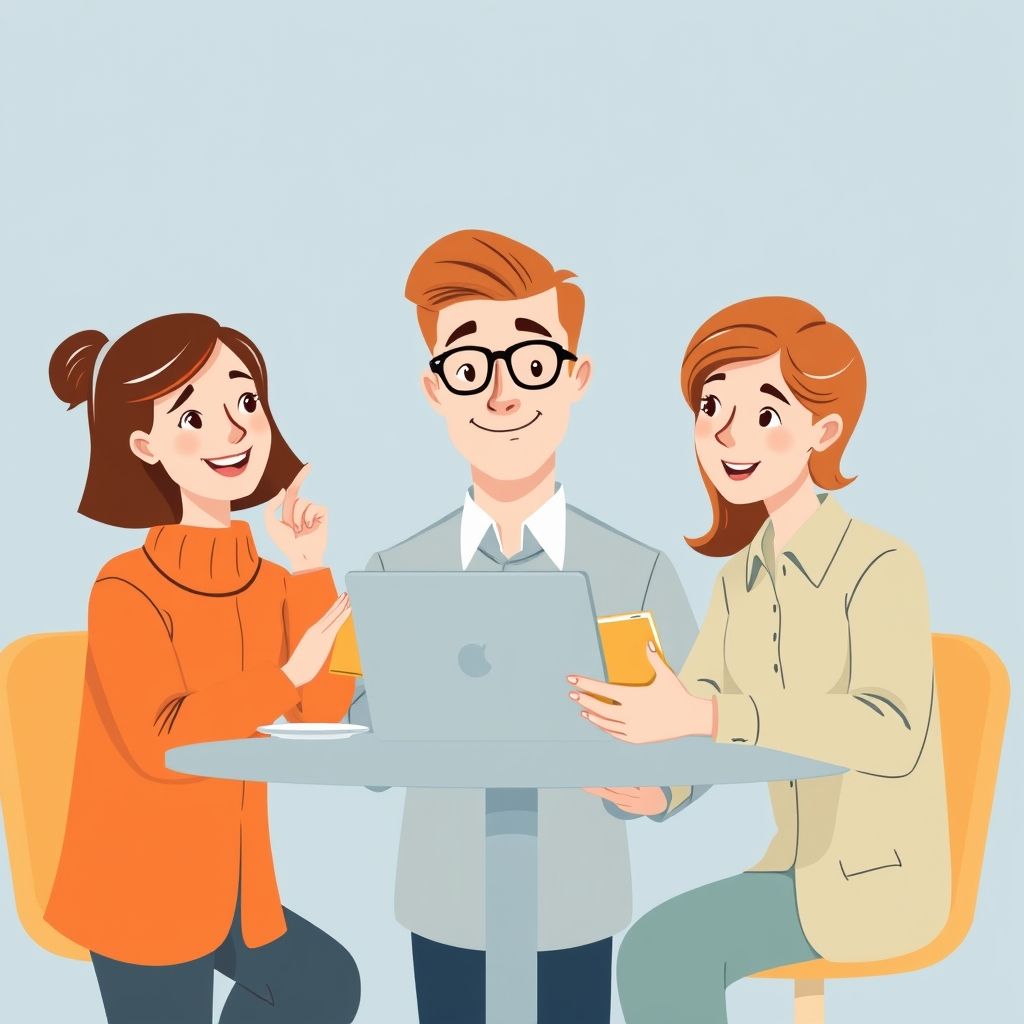 Cartoon illustration of people working together in a business setting