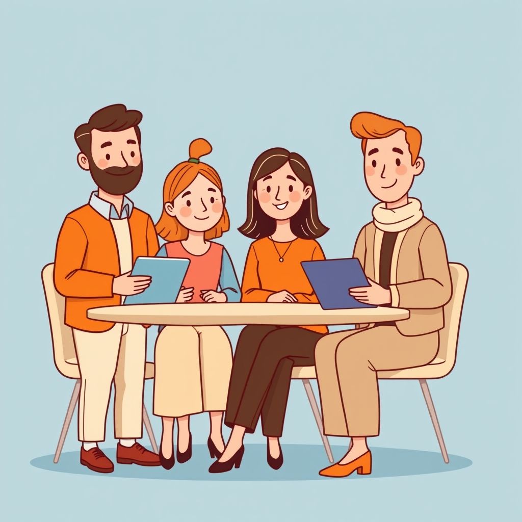 Cartoon illustration of people working together in a business setting
