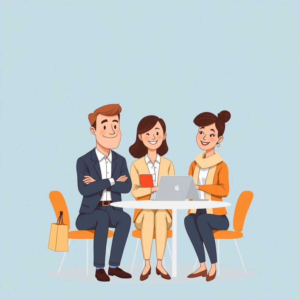 Cartoon illustration of people working together in a business setting