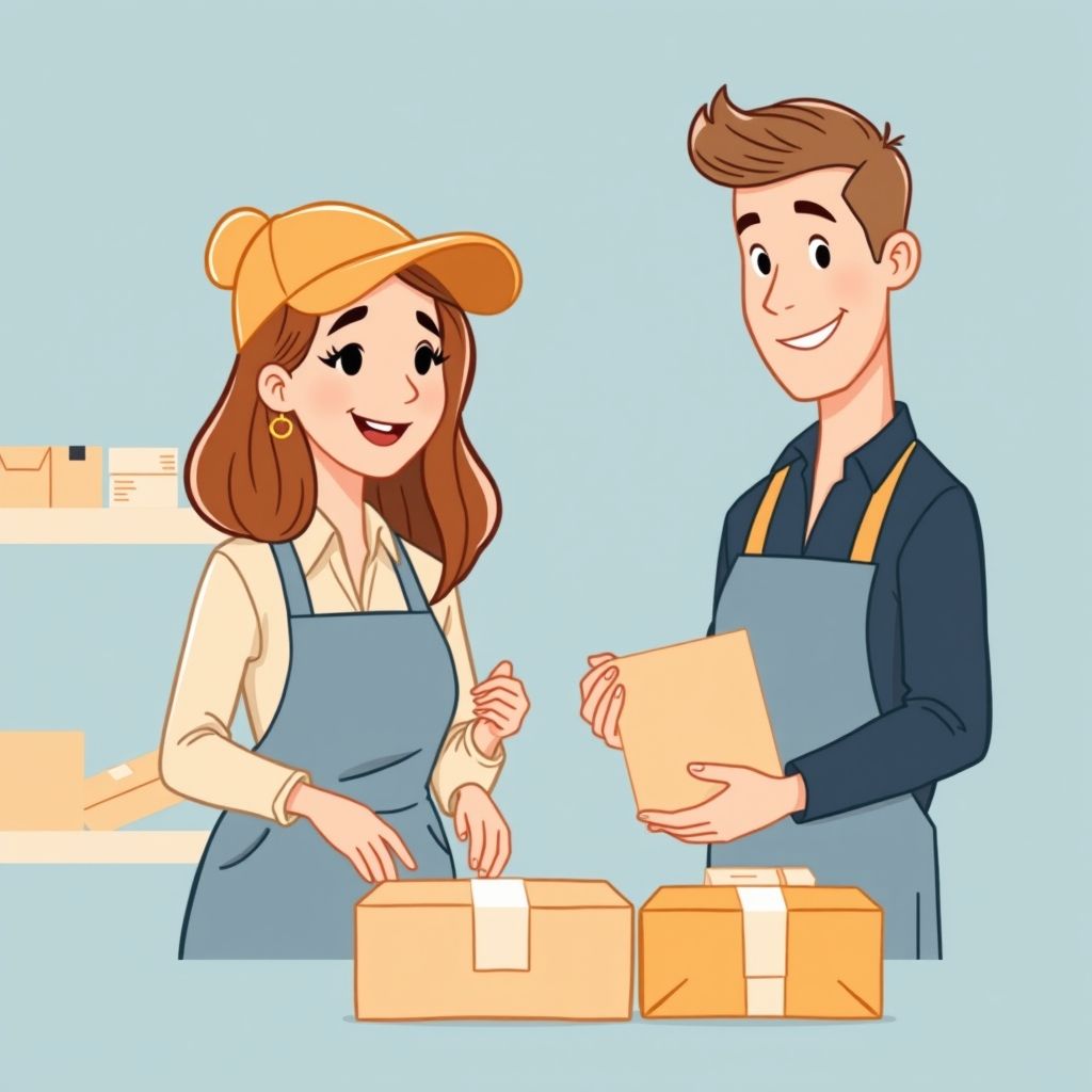 Cartoon illustration of people working together in a business setting
