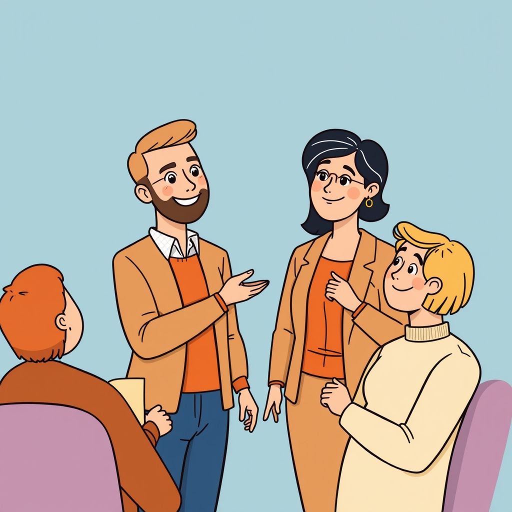 Cartoon illustration of people working together in a business setting