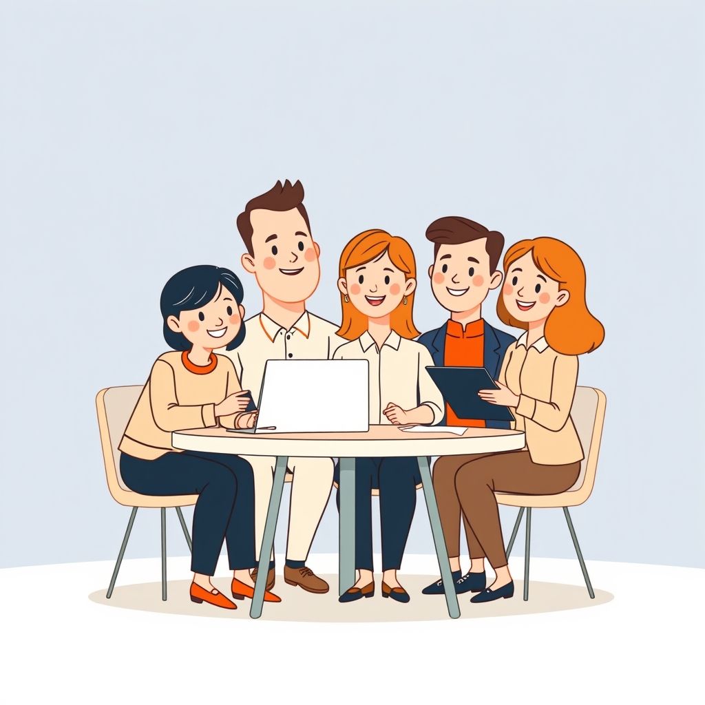 Cartoon illustration of people working together in a business setting