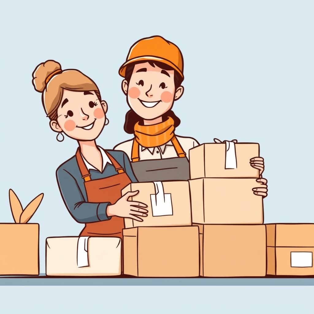 Cartoon illustration of people working together in a business setting