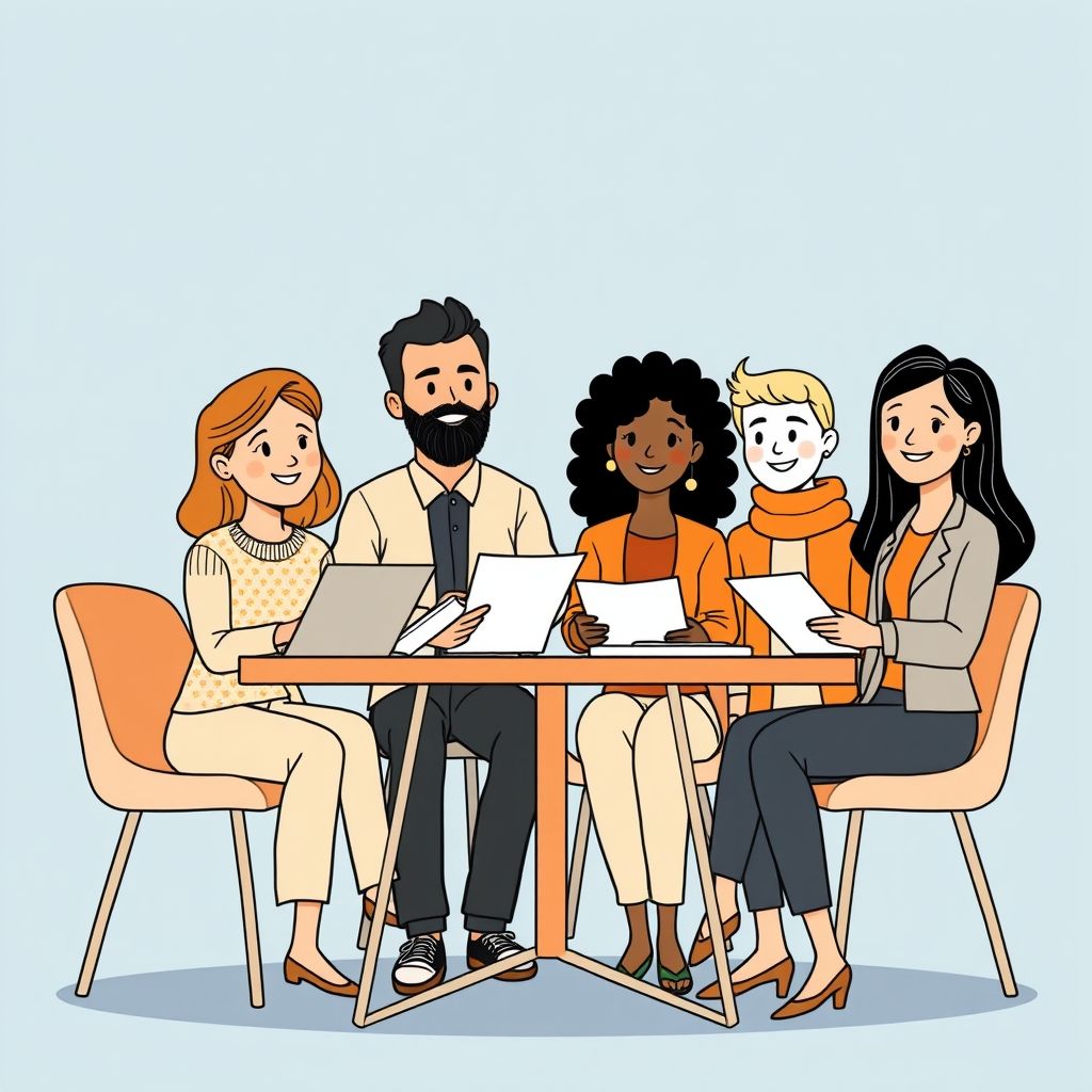 Cartoon illustration of people working together in a business setting