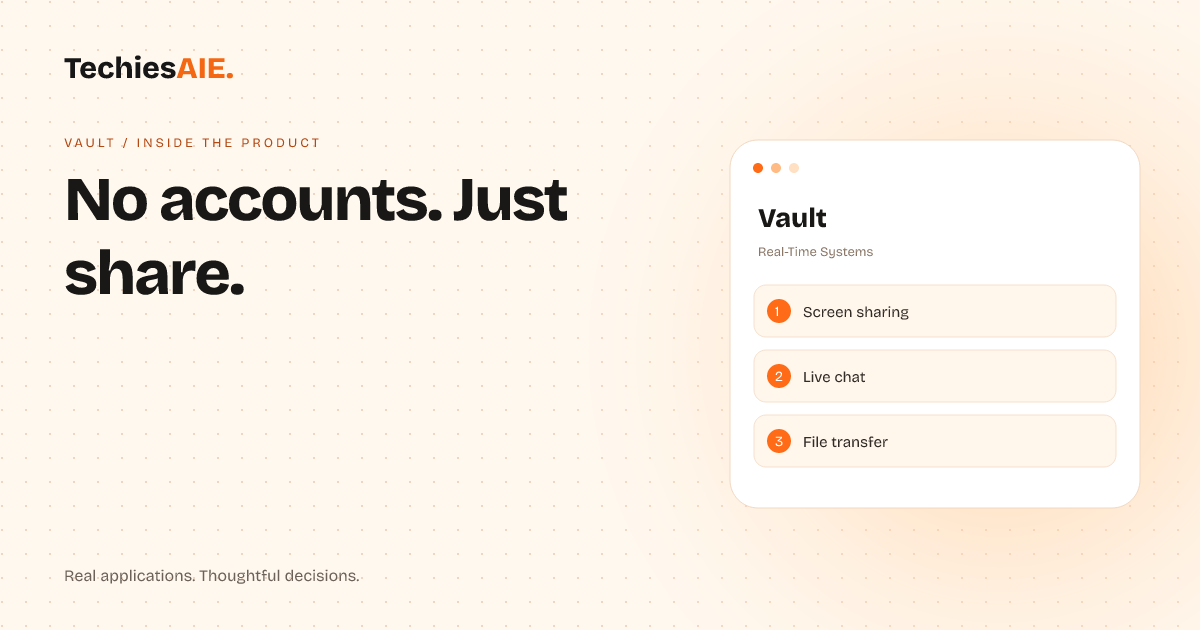 TechiesAIE Inside Vault: How to share files and screens without account hassles. Concept illustration for Vault.