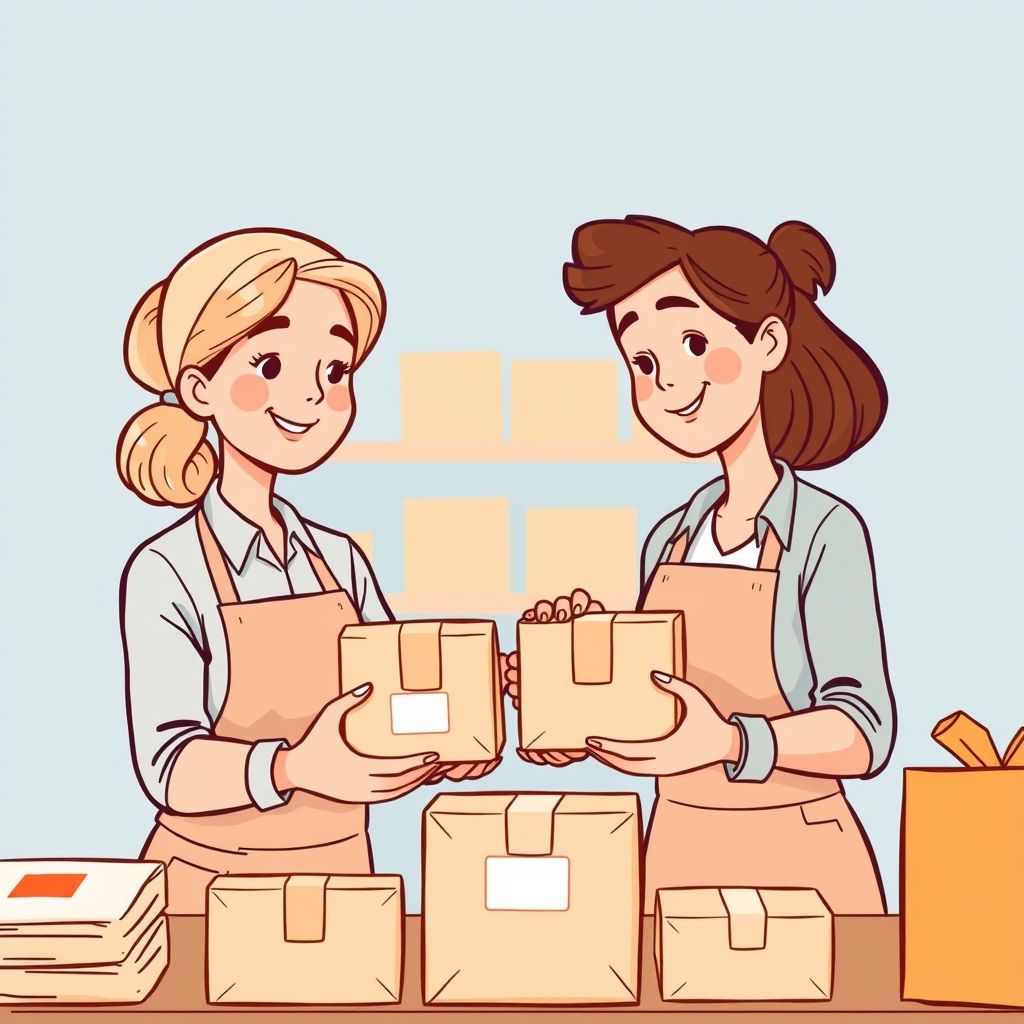 Cartoon illustration of people working together in a business setting