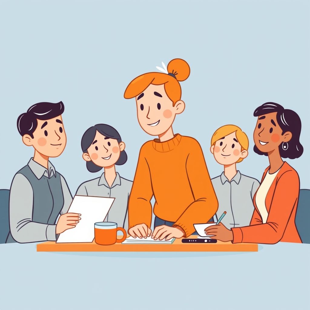 Cartoon illustration of people working together in a business setting