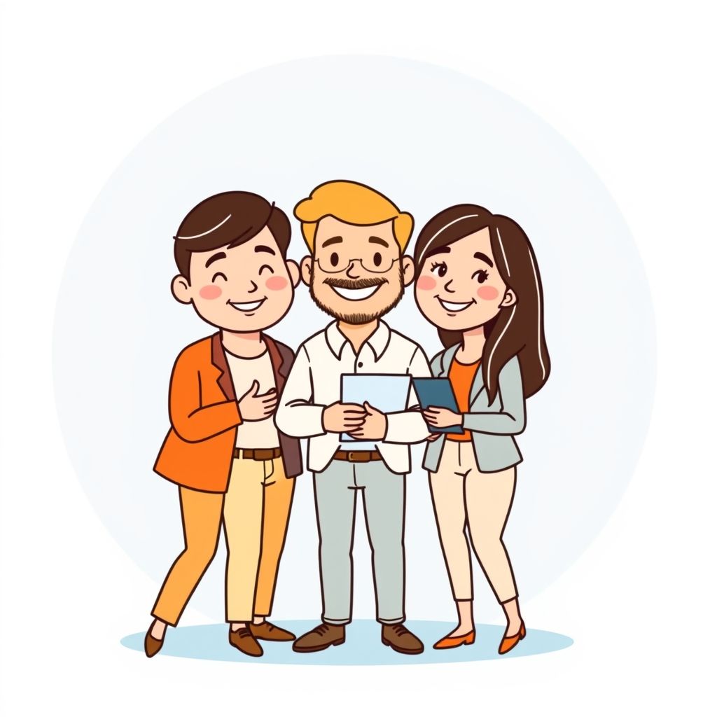 Cartoon illustration of people working together in a business setting