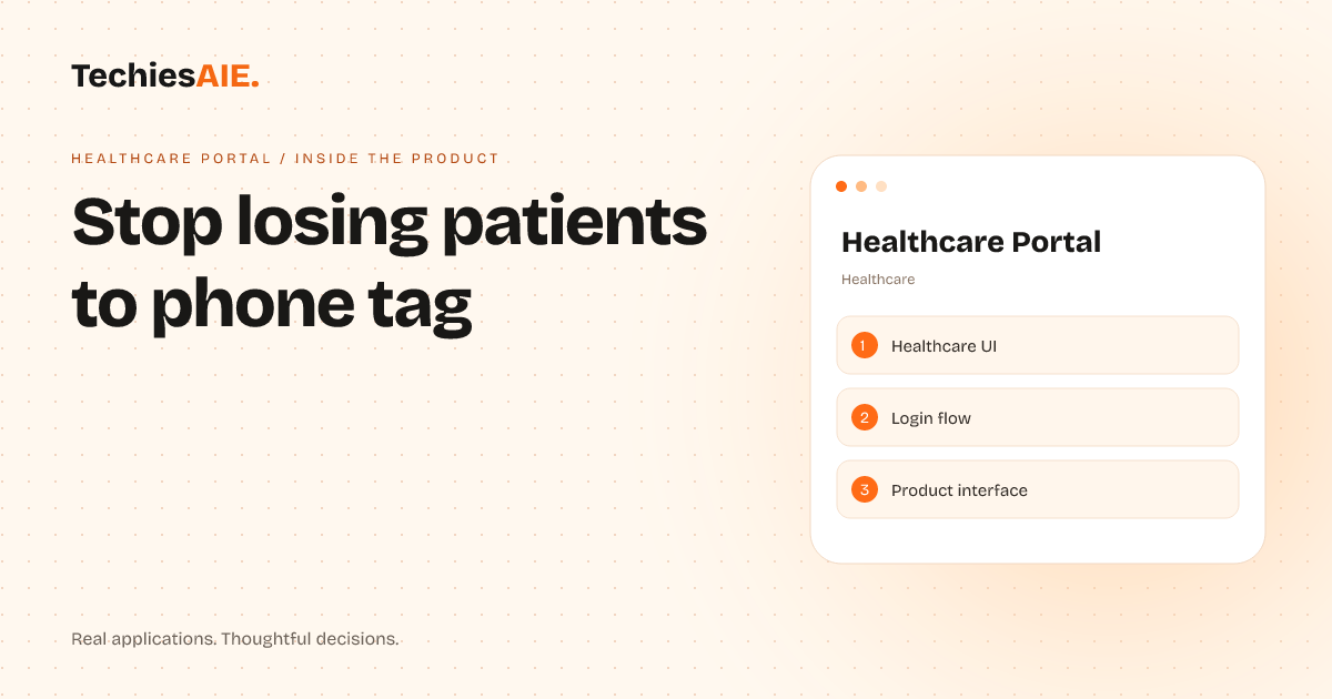 TechiesAIE built Healthcare Portal to cut phone tag and paperwork in small clinics. Concept illustration for Healthcare Portal.