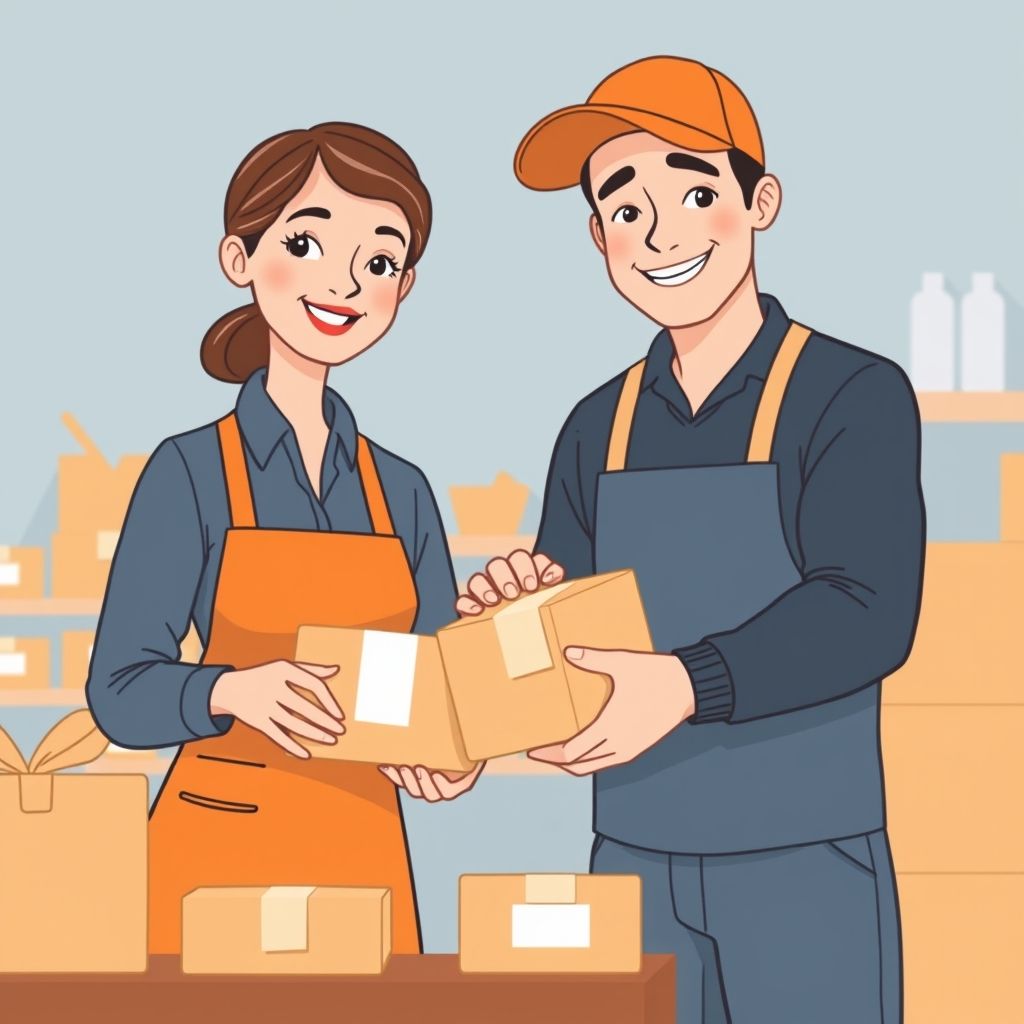 Cartoon illustration of people working together in a business setting