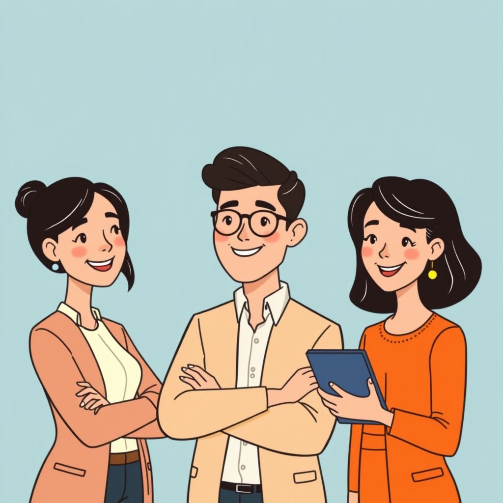 Cartoon illustration of people working together in a business setting