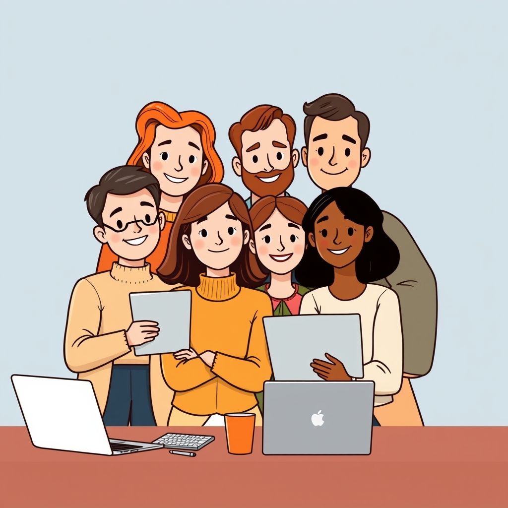Cartoon illustration of people working together in a business setting