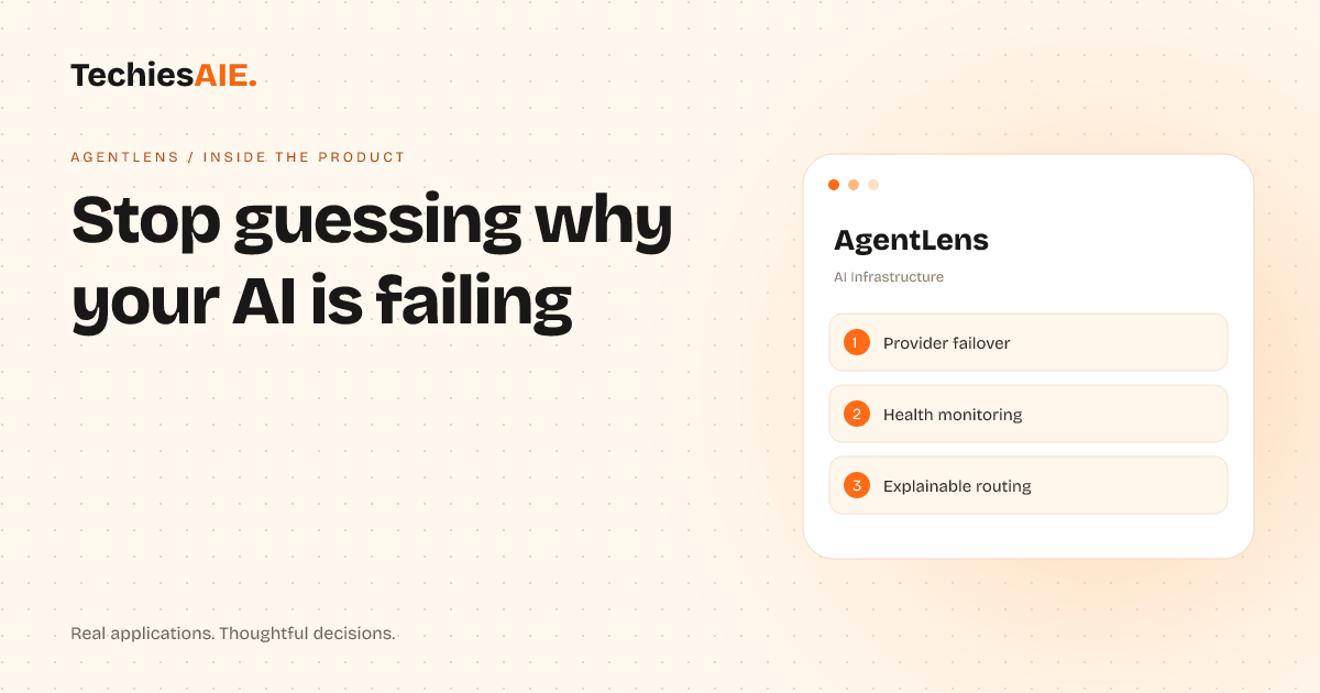 TechiesAIE Inside AgentLens: How to catch AI failures before customers notice. Concept illustration for AgentLens.
