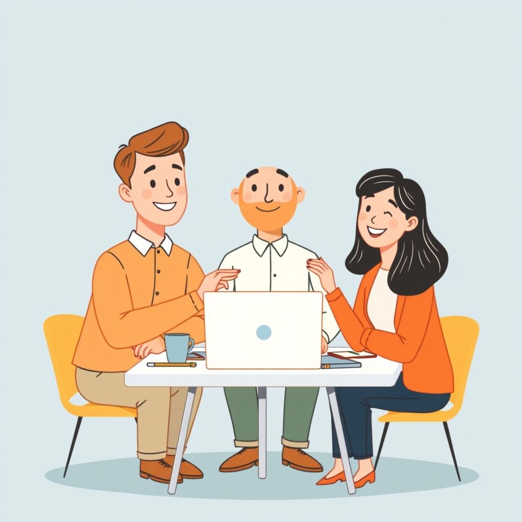 Cartoon illustration of people working together in a business setting