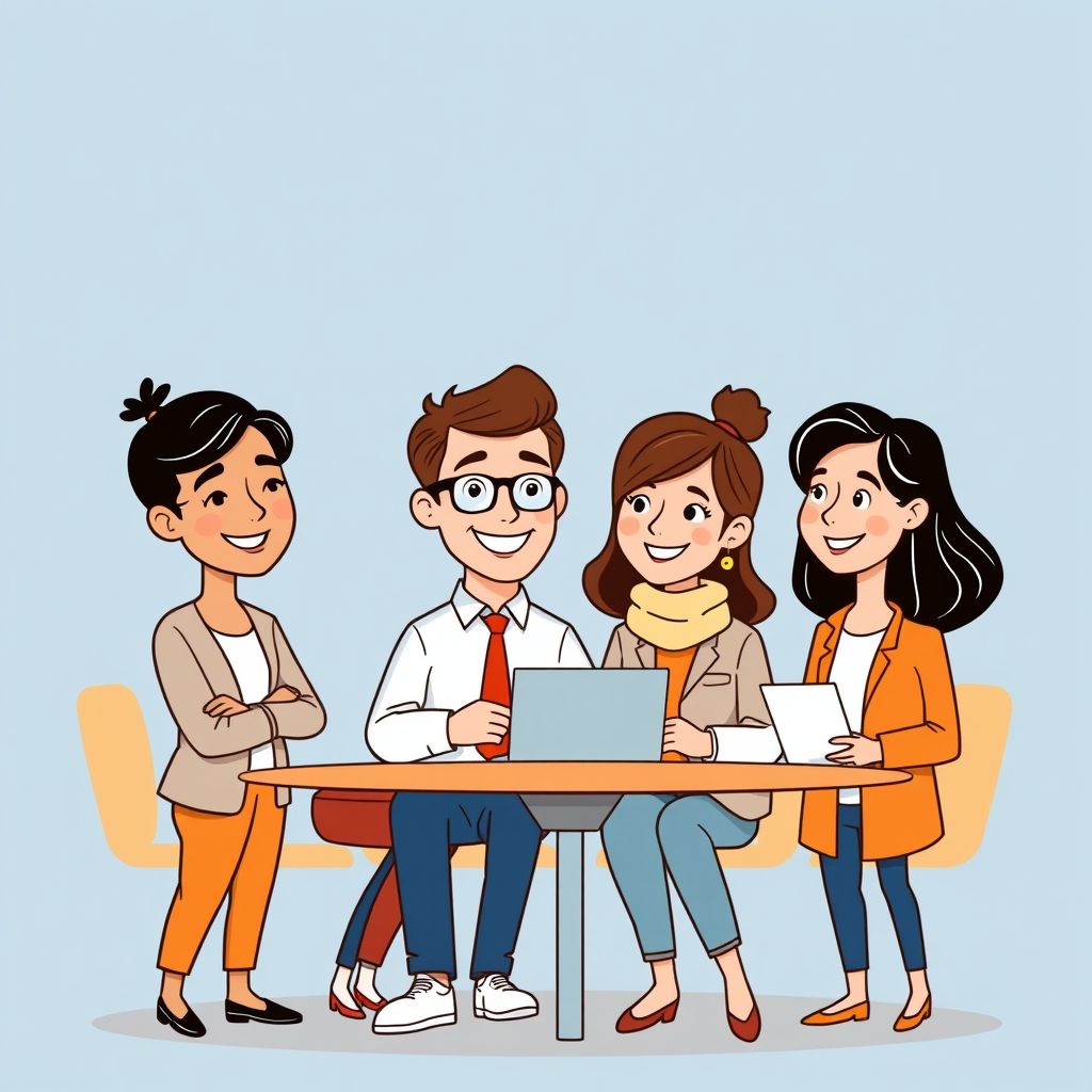 Cartoon illustration of people working together in a business setting