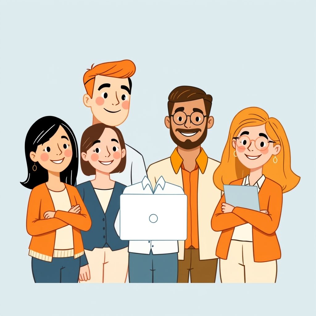 Cartoon illustration of people working together in a business setting