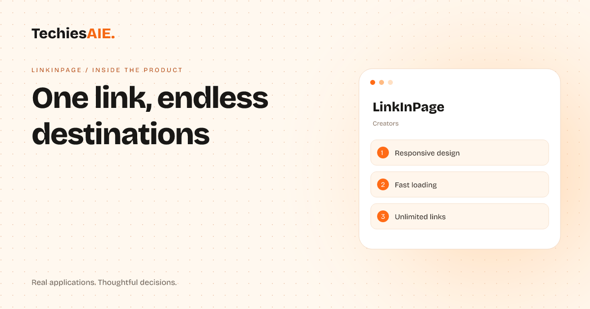 TechiesAIE built LinkInPage to turn messy social links into one clean, clickable hub. Concept illustration for LinkInPage.