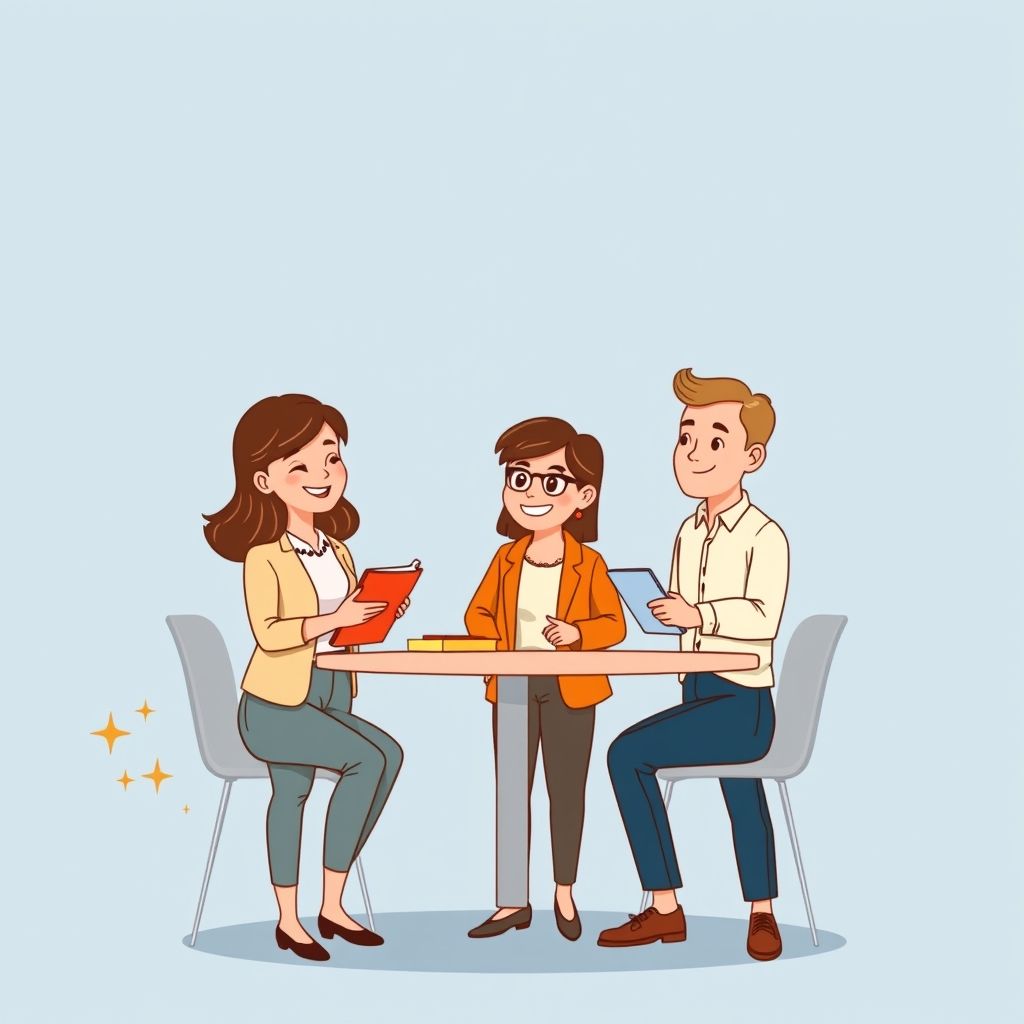 Cartoon illustration of people working together in a business setting